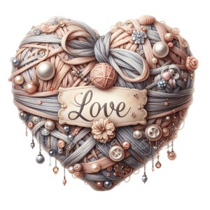 12 herzförmige Garn PNG und Perlen PNG Clipart, elegante Liebe unter dem Motto Handwerk digitale Kunst, sofortiger Download für Kunsthandwerk