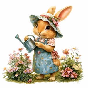 20 niedlicher Hasen-Gärtner PNG Clipart - Gießkanne, Blumenhut, blaue Schürze, umgeben von Frühlingsblumen - Kaninchen-Kunstdruck