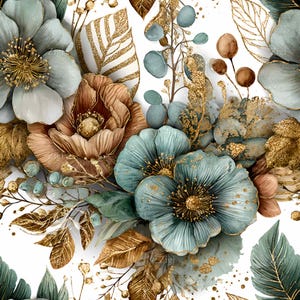Puede incluir: Un diseño floral con flores en acuarela en tonos turquesa, marrón y dorado. El arreglo incluye grandes flores, hojas y delicadas ramitas, todo sobre un fondo blanco. Los detalles dorados añaden un toque de elegancia.