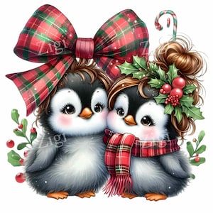 15 imágenes PNG de pingüinos navideños: dos adorables pingüinos con lazos a cuadros, acebo, bufanda, bastón de caramelo y decoración navideña.
