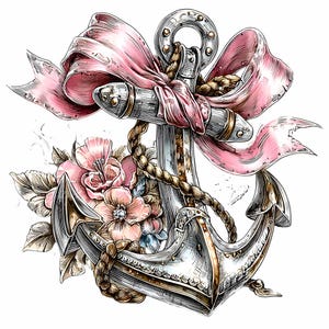 May include: Detailed illustration of a nautical anchor with a pink ribbon and floral accents. The anchor is silver with gold accents, and the ribbon is a soft pink. The flowers are a mix of pink and peach tones, creating a vintage aesthetic.