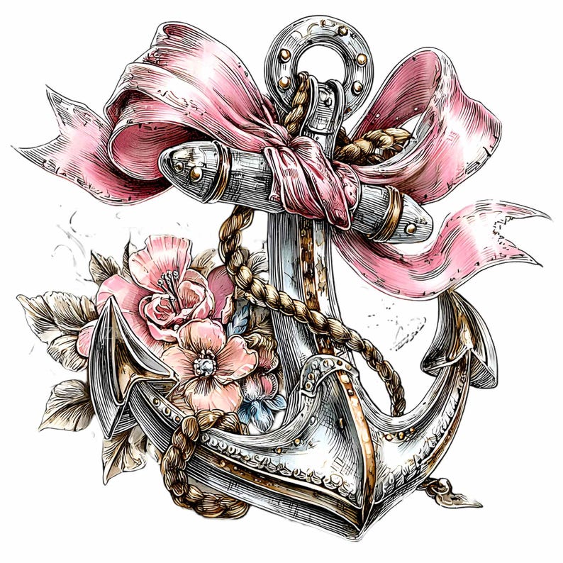 May include: Detailed illustration of a nautical anchor with a pink ribbon and floral accents. The anchor is silver with gold accents, and the ribbon is a soft pink. The flowers are a mix of pink and peach tones, creating a vintage aesthetic.