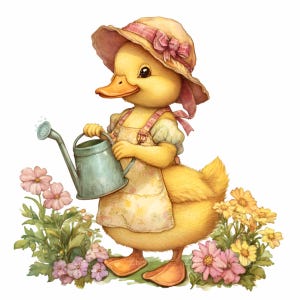 20 im Garten arbeitende Ente PNG Clipart - Niedliche gelbe Ente mit Hut und Schürze mit Gießkanne - Frühlingsblumenkunst für Sublimation