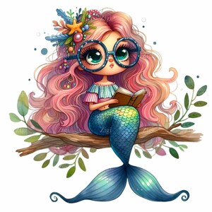 12 Meerjungfrau, die PNG Clipart, wunderliche Buch-Liebhaber-Meerjungfrau mit Gläsern, Fantasie-Illustration, Ozean-Kunst liest