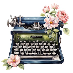 May include: A vintage blue typewriter with a green keyboard and the word "SEELCOVINES" printed on the front. The typewriter is decorated with pink roses and green leaves.
