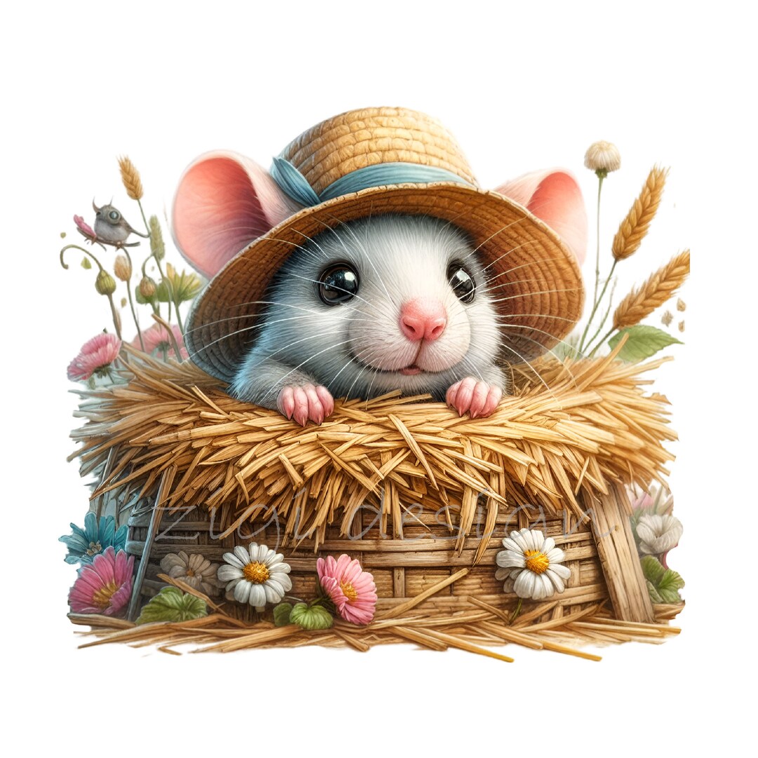 Mouse Clipart, Hay Bales Clip Art, 10 PNG Farm Mice Watercolor, Junk
