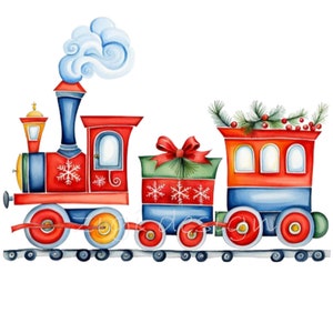 Weihnachtszug Clipart, 20 niedliche Feiertagslokomotive PNG, festliche Geschenkzugillustration, rote Weinlesezugkunst