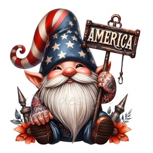 10 cliparts PNG nain patriote – nain du 4 juillet avec chapeau des États-Unis, tatouages, barbe, panneau indiquant l'Amérique et décoration de feu d'artifice