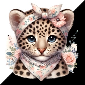 May include: A cute cartoon leopard cub wearing a pink and white floral headband and a matching bandana. The leopard has blue eyes and a sweet expression.