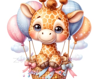 12 PNG Giraffe Balloon Watercolor Nursery Birthday Clipart