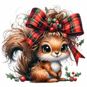 10 cliparts PNG de Noël écureuil : écureuil mignon avec de grands yeux, un nœud écossais, une pomme de pin, des baies de houx et des détails enneigés