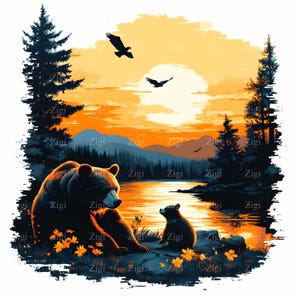 16 imágenes prediseñadas JPEG de osos al atardecer / Madre y cachorro junto al lago / Arte de escenas de vida salvaje