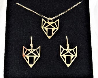 SCHMUCKSET "Origami Fox" Halskette + Ohrhänger 925er Silber vergoldet Geschenkset