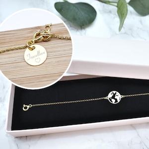 Armband „My World deluxe“ 925er Silber / Gold /auf Wunsch mit Gravurplättchen / Globusarmband / Globus / Weltkarte