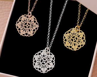 Halskette „Mandala“ Filigran 925er Silber / Gold / Roségold