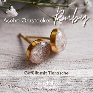 Könnte beinhalten: Goldfarbene Ohrstecker mit klaren, runden, edelsteinartigen Zentren, gefüllt mit einem gesprenkelten, hellfarbigen Material. Die Ohrringe sind auf einer rustikalen, hellfarbigen Holzoberfläche platziert. Das Wort "Ruby" ist kursiv geschrieben.