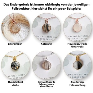 Op de afbeelding: Zes kettingen met verschillende gekleurde kettingen en hangers. Elke hanger is een ronde schijf met een staal van dierenhaar. De tekst onder elke hanger beschrijft het type haar. De tekst luidt: "Schweifhaar", "Katzenfell", "Pluche, witte ondervacht", "Hondenhaar met as", "Staart- en snorharen van een kat", "Tweekleurige vachtbedekking".