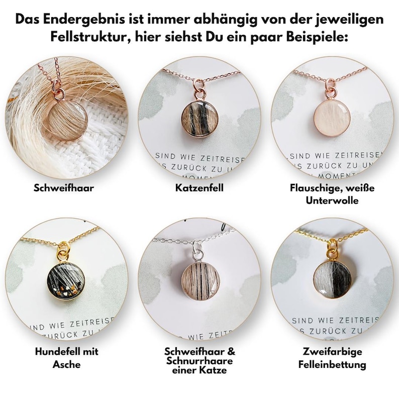 Op de afbeelding: Zes kettingen met verschillende gekleurde kettingen en hangers. Elke hanger is een ronde schijf met een staal van dierenhaar. De tekst onder elke hanger beschrijft het type haar. De tekst luidt: "Schweifhaar", "Katzenfell", "Pluche, witte ondervacht", "Hondenhaar met as", "Staart- en snorharen van een kat", "Tweekleurige vachtbedekking".