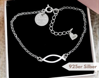 Armband “Ichthys” 925 zilver / met graveerplaatje op aanvraag / Communie / Vormsel
