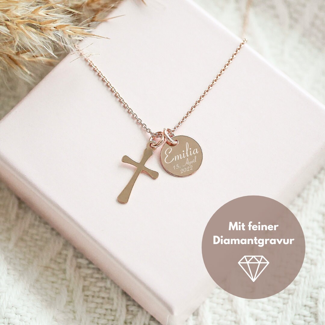 Necklace "Cross" with custom engraving rose gold / Communion / Confirmation