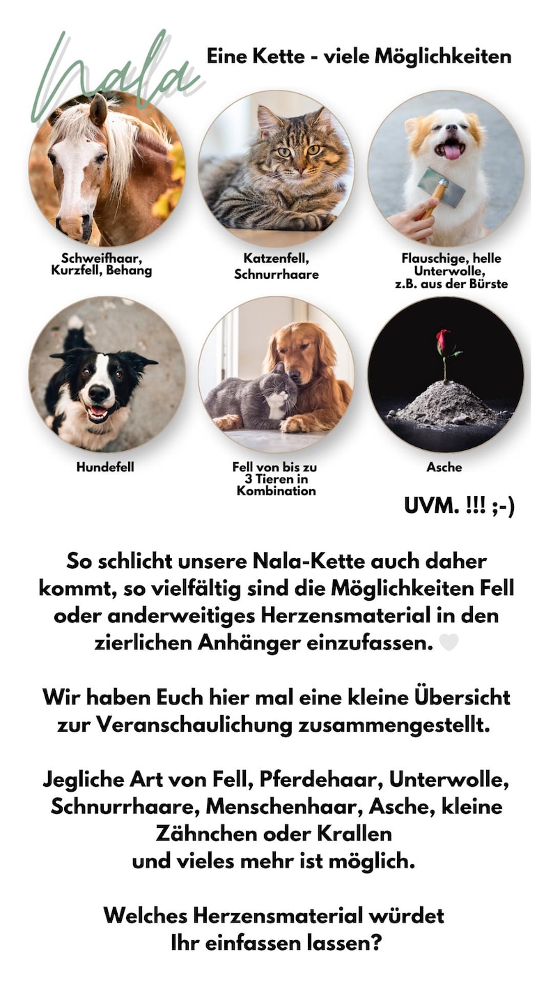 Möglichkeiten Tierhaar, Krallen,Tierasche oder einen Hundezahn einzufassen.