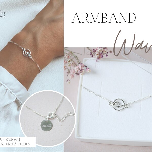 Armband „Wave“ 925er Silber / auf Wunsch mit Gravurplättchen