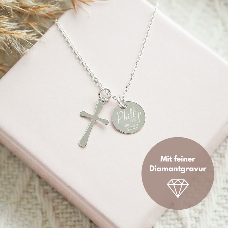 Necklace Cross with desired engraving 925 silver / communion image 2