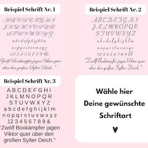 Op de afbeelding: Drie voorbeelden van verschillende lettertypen, elk met het alfabet, cijfers en een korte zin in het Duits. De tekst luidt "Zw&ouml;lf Boxk&auml;mpfer jagen Viktor quer &uuml;ber den gro&szlig;en Sylter Deich." De afbeelding bevat ook de tekst "W&auml;hle hier Deine gew&uuml;nschte Schriftart", wat vertaald "Kies je gewenste lettertype" betekent.