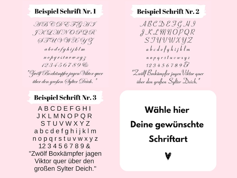 Op de afbeelding: Drie voorbeelden van verschillende lettertypen, elk met het alfabet, cijfers en een korte zin in het Duits. De tekst luidt "Zw&ouml;lf Boxk&auml;mpfer jagen Viktor quer &uuml;ber den gro&szlig;en Sylter Deich." De afbeelding bevat ook de tekst "W&auml;hle hier Deine gew&uuml;nschte Schriftart", wat vertaald "Kies je gewenste lettertype" betekent.