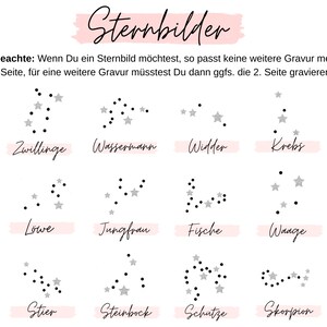 K&ouml;nnte beinhalten: Eine Tabelle der 12 Sternzeichen mit ihren Namen in Deutsch. Die Sternbilder sind mit schwarzen Punkten und silbernen Sternen auf wei&szlig;em Hintergrund dargestellt. Die Namen sind in Schwarz auf rosa Hintergrund geschrieben.