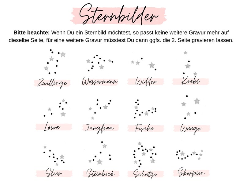 K&ouml;nnte beinhalten: Eine Tabelle der 12 Sternzeichen mit ihren Namen in Deutsch. Die Sternbilder sind mit schwarzen Punkten und silbernen Sternen auf wei&szlig;em Hintergrund dargestellt. Die Namen sind in Schwarz auf rosa Hintergrund geschrieben.