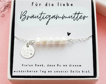 Perlenarmband "Bräutigammutter" mit Gravur / 925er Silber