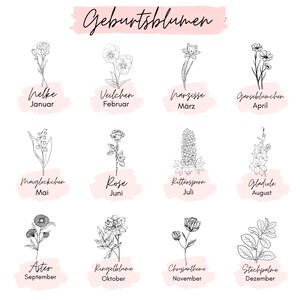 K&ouml;nnte beinhalten: Eine Grafik mit Schwarz-Wei&szlig;-Zeichnungen von Blumen, wobei jede Blume einen anderen Monat des Jahres repr&auml;sentiert. Die Blumen sind mit ihren deutschen Namen und dem entsprechenden Monat in Englisch beschriftet. Die Grafik hat einen rosa Hintergrund.