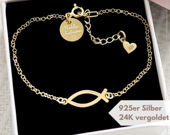 Armband “Ichthys” 925 zilver / goud / met graveerplaatje op aanvraag / Communie / Vormsel