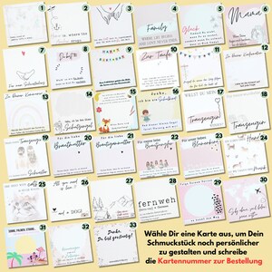K&ouml;nnte beinhalten: Ein Set mit 30 bunten Karten mit verschiedenen Designs und Texten auf Deutsch. Die Karten sind von 1 bis 30 nummeriert und zeigen verschiedene Themen, darunter Familie, Liebe, Freundschaft und besondere Anl&auml;sse. Die Karten sind perfekt, um Geschenken eine pers&ouml;nliche Note zu verleihen oder um eine besondere Botschaft zu senden.