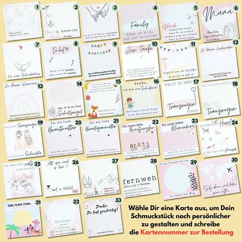 K&ouml;nnte beinhalten: Ein Set mit 30 bunten Karten mit verschiedenen Designs und Texten auf Deutsch. Die Karten sind von 1 bis 30 nummeriert und zeigen verschiedene Themen, darunter Familie, Liebe, Freundschaft und besondere Anl&auml;sse. Die Karten sind perfekt, um Geschenken eine pers&ouml;nliche Note zu verleihen oder um eine besondere Botschaft zu senden.