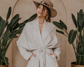 Woman linen kimono, stripe linen kimono, linen jacket, eco linen kimono, linen duster, oversize kimono, boho kimono. Women's day gift