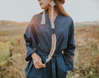 Denim kimono, denim robe, denim duster, jean kimono jacket, denim duster, blue kimono robe, finewear. Sustainable clothing. Women's day gift