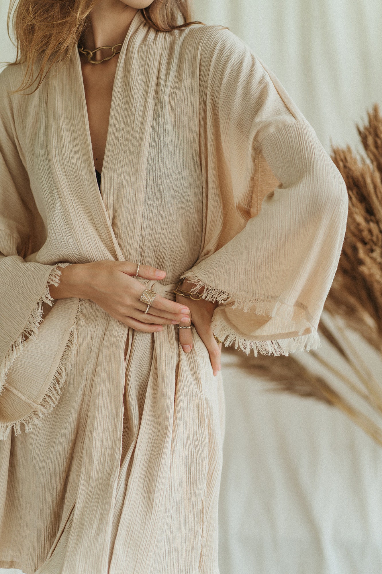 SAVANNA | Beige Kimono Dress From Pure Crumpled Cotton