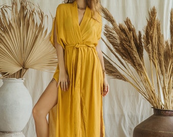 DESERT | Mustard kimono dress from thin crumpled cotton, bohemian kimono, boho kimono dress