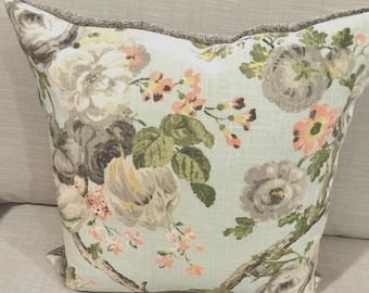 P Kaufmann Floral print Pillow Cover on a light greenish blue  background