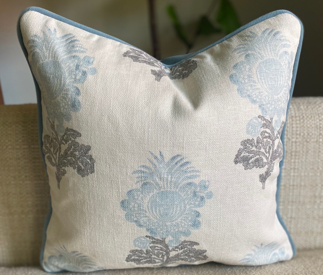 Thibaut Aldith in Aqua Pillow Cover Piped in a Coordinating Velvet Etsy