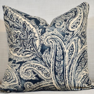 20x20 Navy blue colored Paisley P Kaufmann Pillow Cover with coordinating solid backside.
