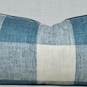 Classic Buffalo Check Blue and Cream colored pillow cover with blue piping