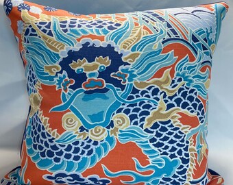 Thibaut Imperial Dragon in Coral and Turquoise Pillow Cover