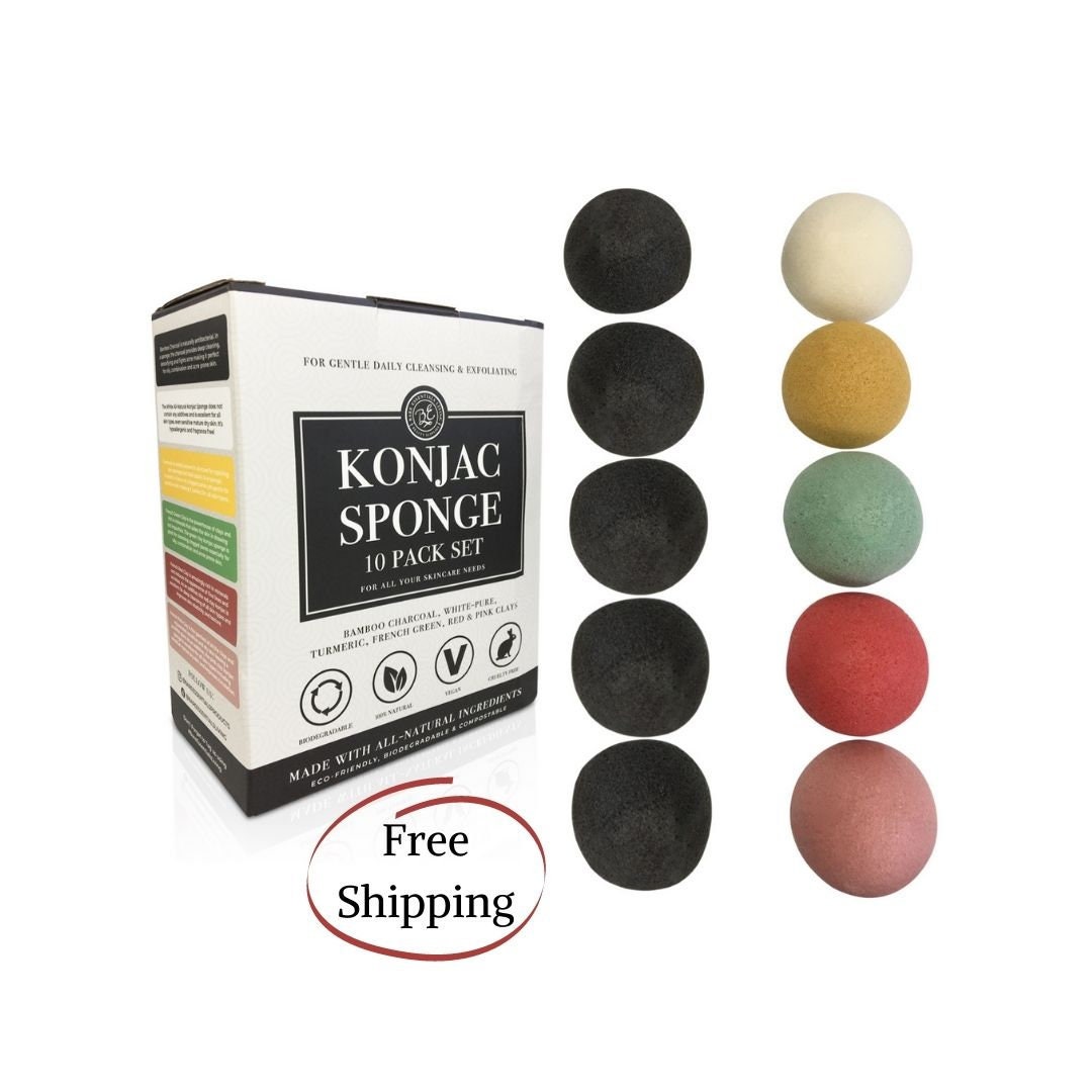 Konjac Sponge, Konjac, 10-Pack, 5 Konjac Sponge with Charcoal and 5 Konjac Sponge, Pure, Turmeric, Green Clay, Red Clay and Pink Clay Konjac