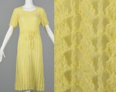 Small 1960s Yellow Crochet Dress Sheer Short Sleeve Dress Spring Summer Casual Day Wear Fitted Knit 60s Vintage