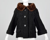 Small 1950s Black Persian Lamb Jacket Mink Collar Short Winter Jacket Long Sleeve Coat Fur Trim Collar 50s Vintage
