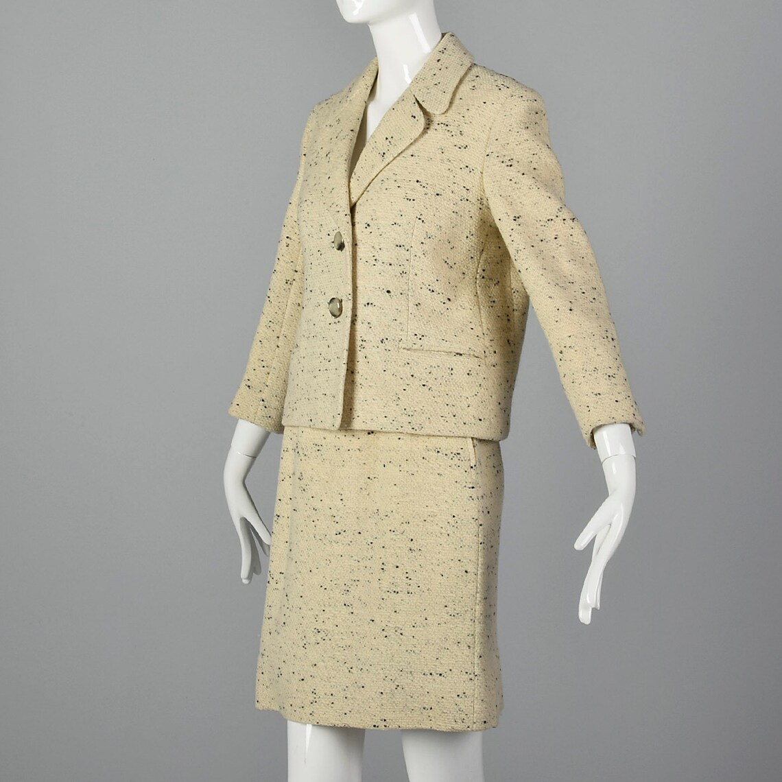 1960s Gray Wool Skirt Suit with Green Velvet Trim