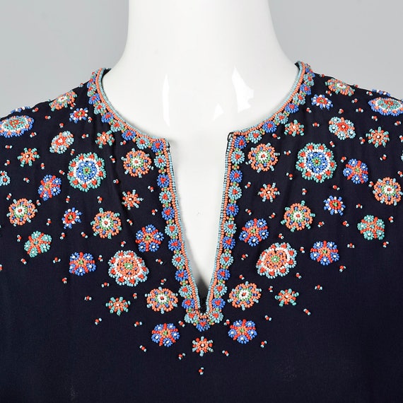 Small 1940s Navy Beaded Top Rayon Peplum Blouse S… - image 5